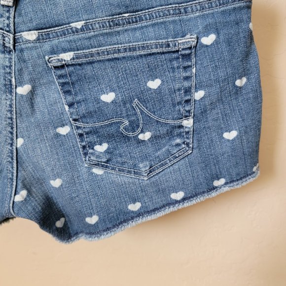 AG Adriano Goldschmied The Daisy Low Rise Frayed Cut Off Heart Print Denim Short - Picture 12 of 16